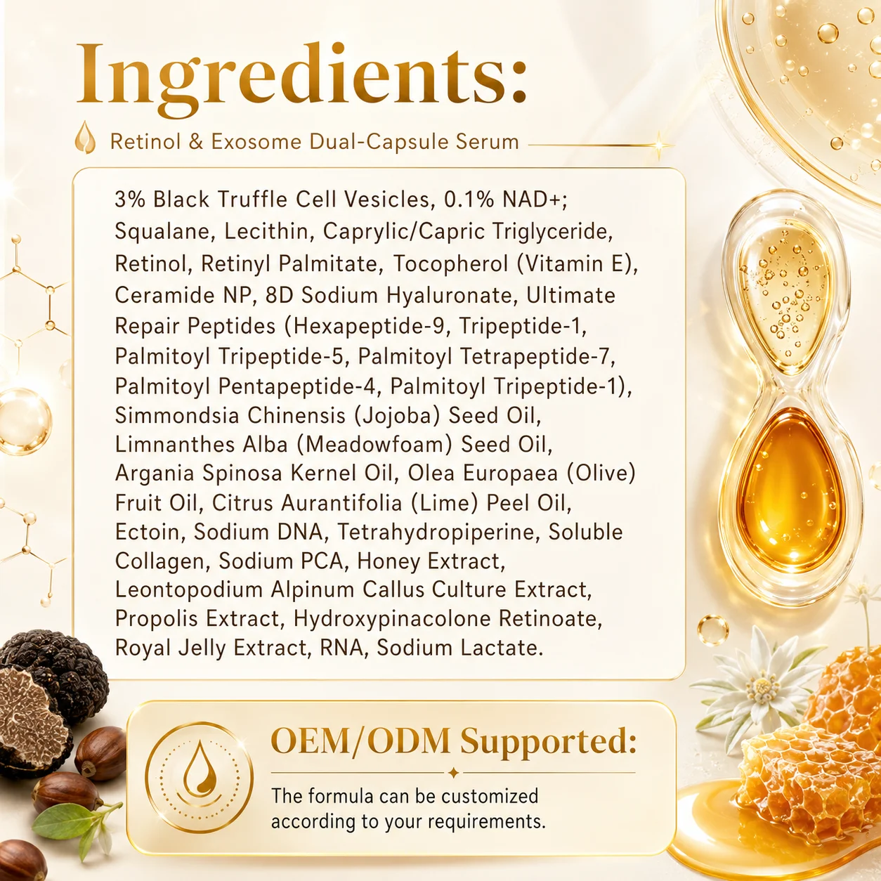 List of ingredients for a retinol and exosome dual-capsule serum with supporting visuals like serum capsules, black truffle, honeycomb, and flowers.